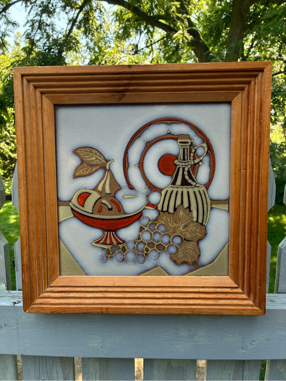 Vintage Framed Italian Tile/Trivet Wine Bottle, Fruit and Grapes